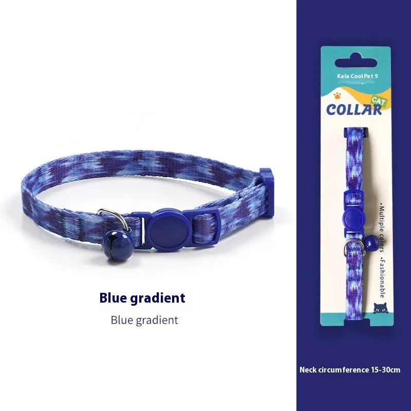 Woven polyester cat collar with anti-suffocation safety buckle and bell in green jungle colour grid pattern