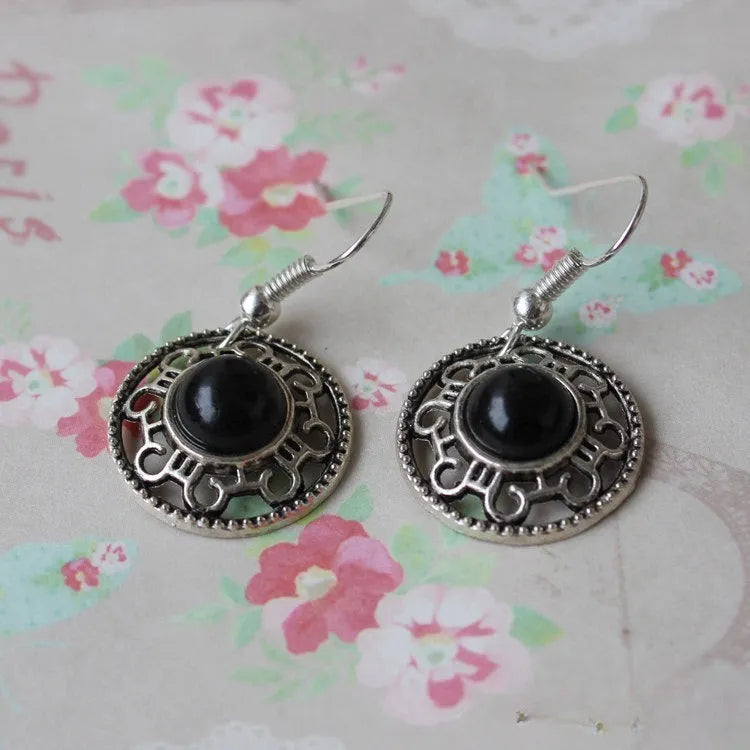 Handmade Miao silver retro turquoise flower disk earrings with geometric shape and ethnic patterns