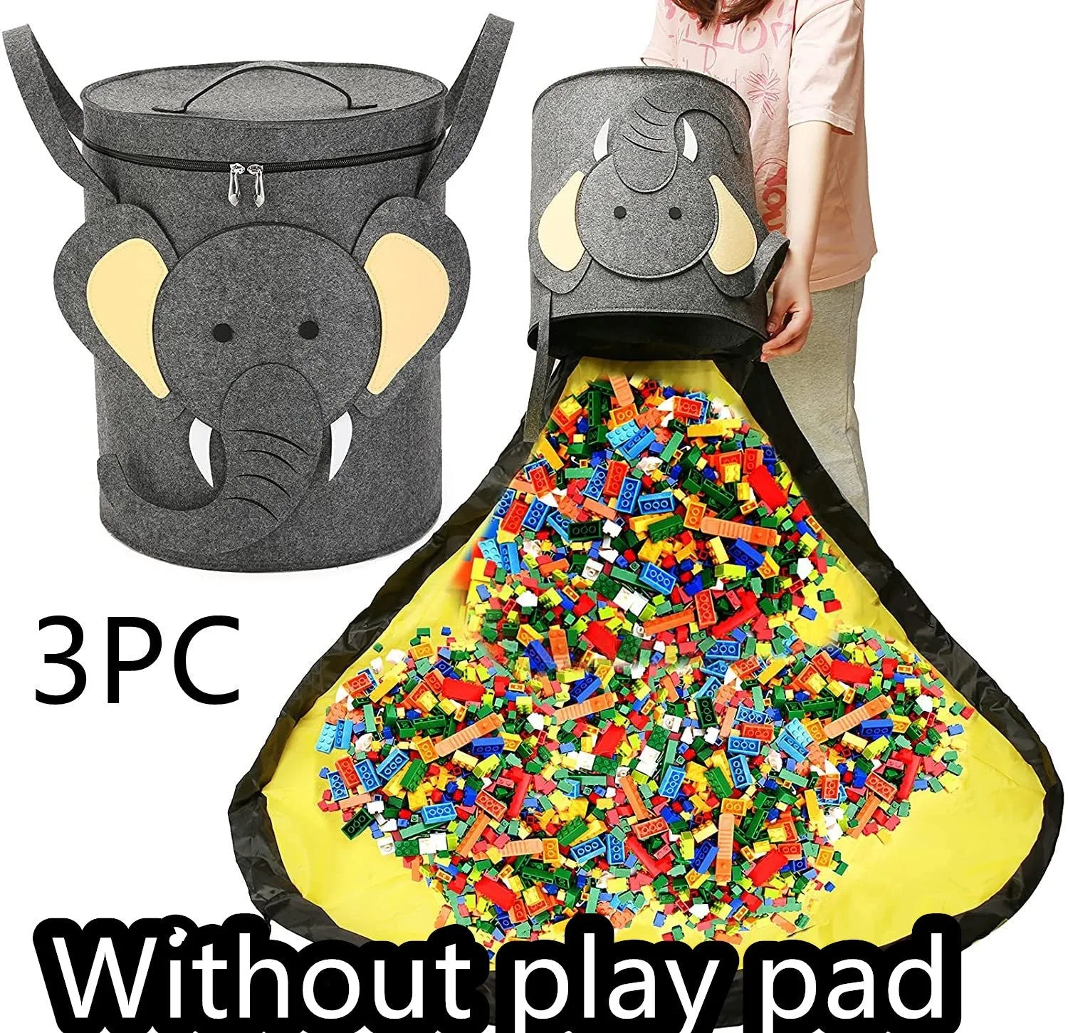 Green felt cube storage bag open as play mat with pull rope closure for children's toys