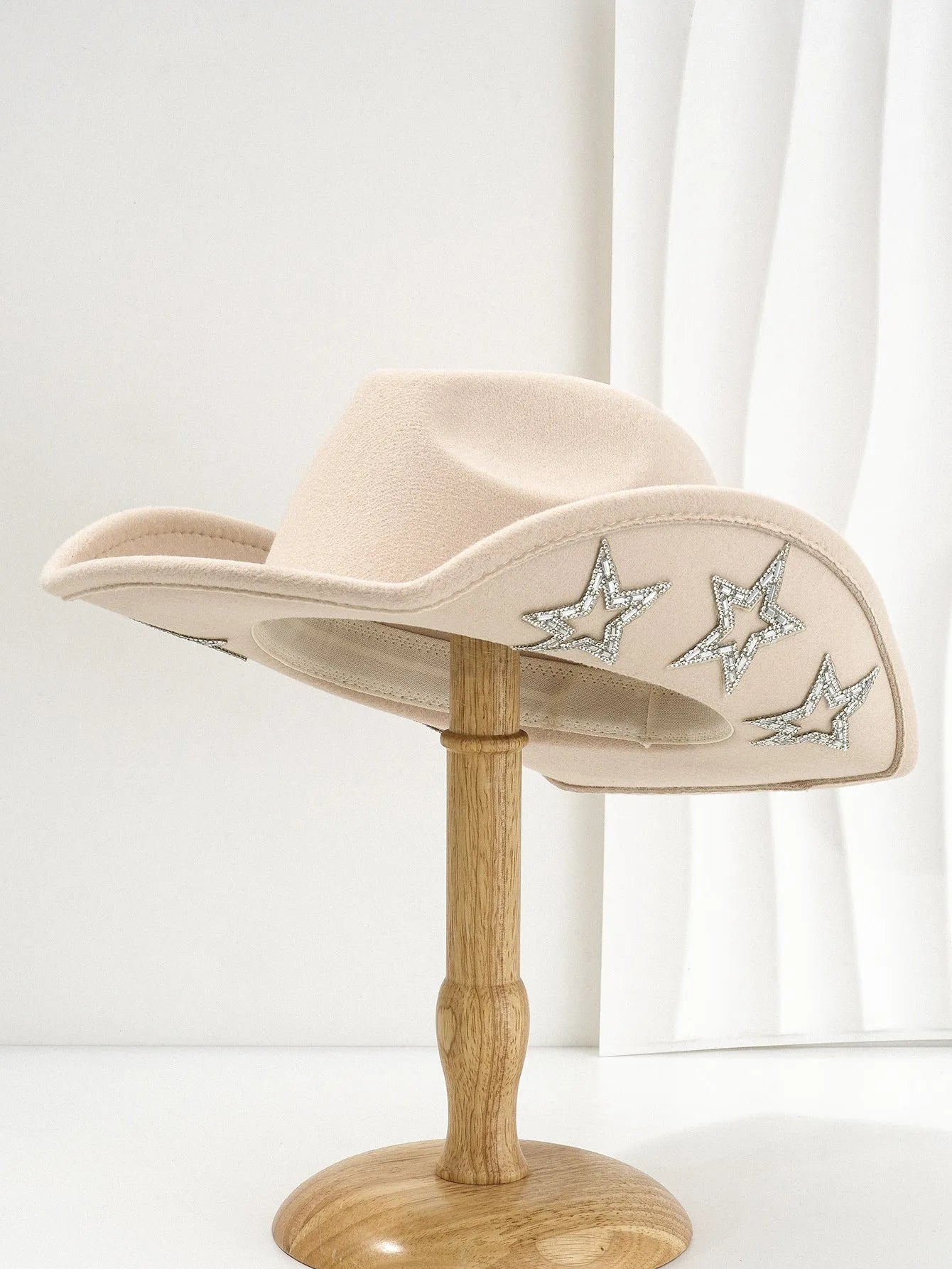 Western denim top hat with hexagonal star pattern on woven polyester fabric