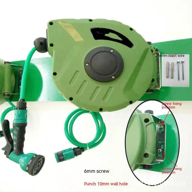Automatic retractable hose reel with drum collector for 10 metre PVC water pipe.
