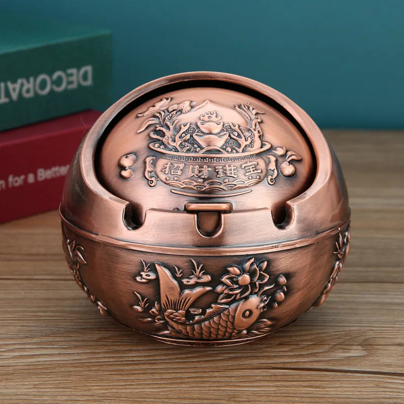 Alloy ashtray with smoke extinguishing slot in bronze finish featuring decorative dragon and phoenix design
