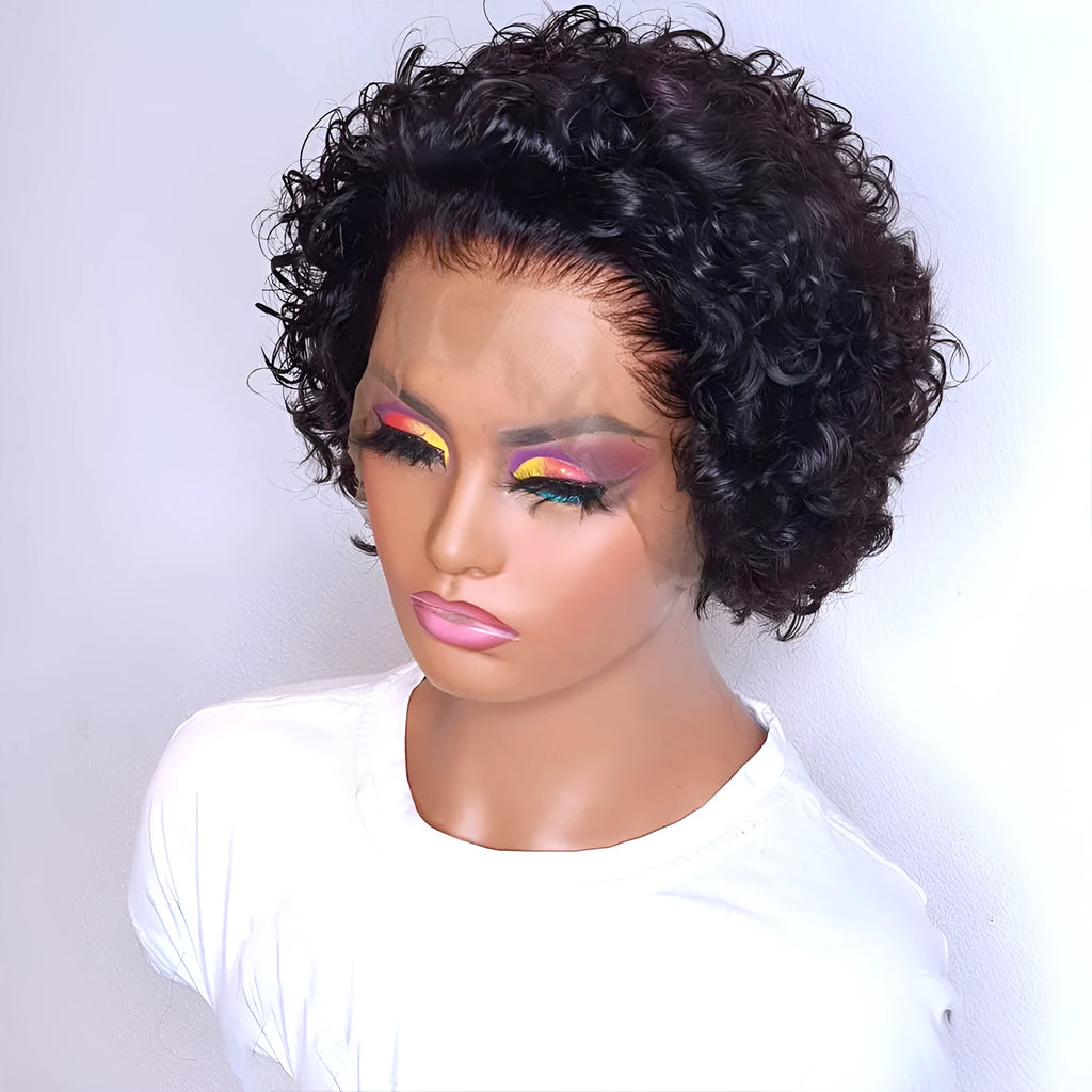 Human hair lace pixie wig cover in colour 13x1 black for daily wear