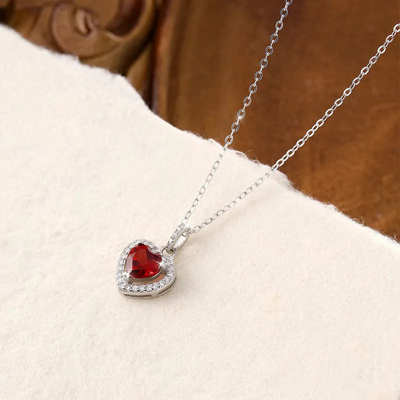 S925 sterling silver heart necklace with inlaid natural gemstone pendant on adjustable cross chain