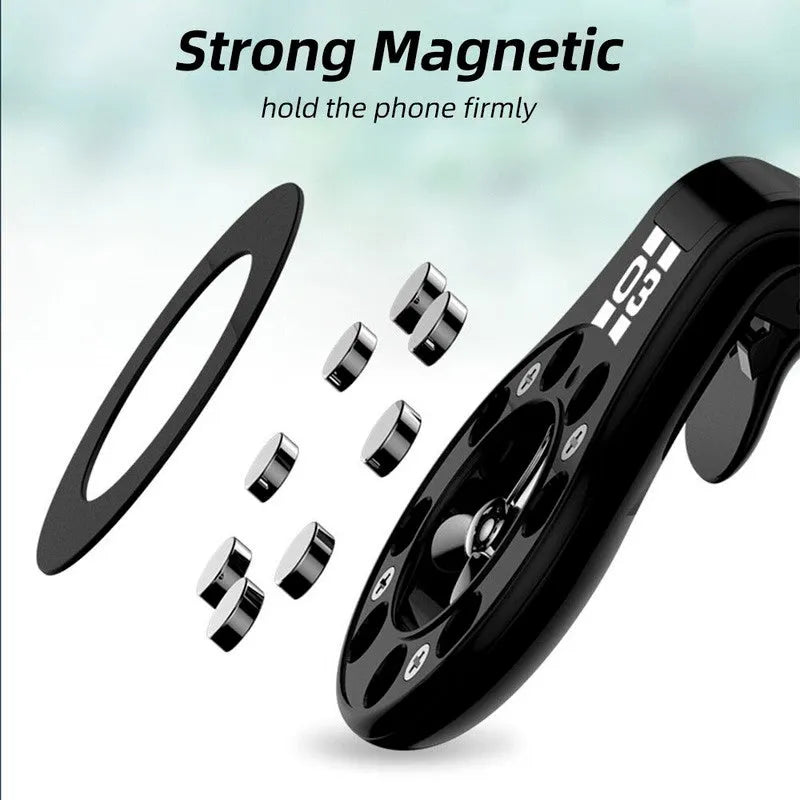 Black magnetic car air vent phone holder with adjustable clip and perfume slice attached