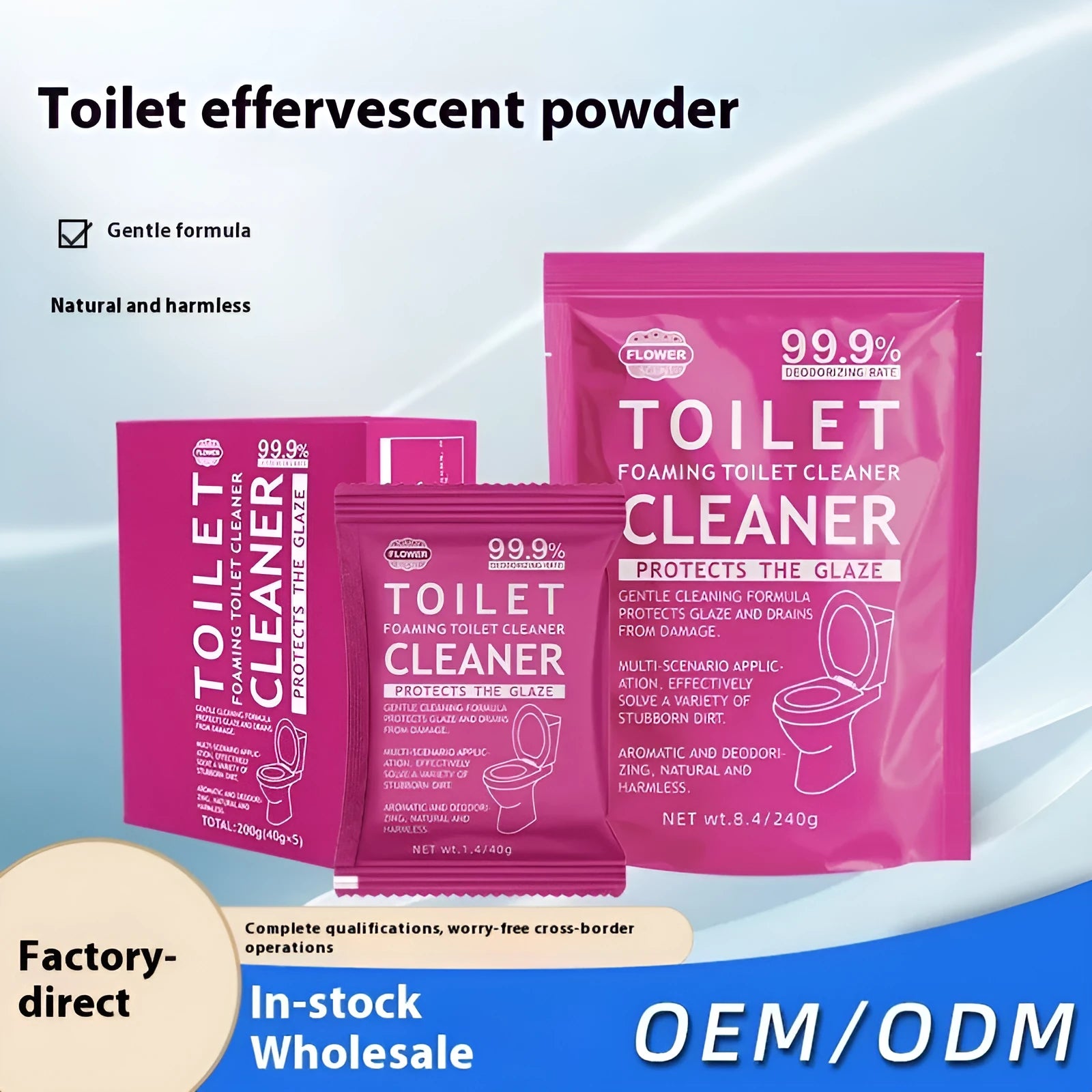 Toilet cleaning effervescent foam powder in blue ocean and pink floral fragrance options.