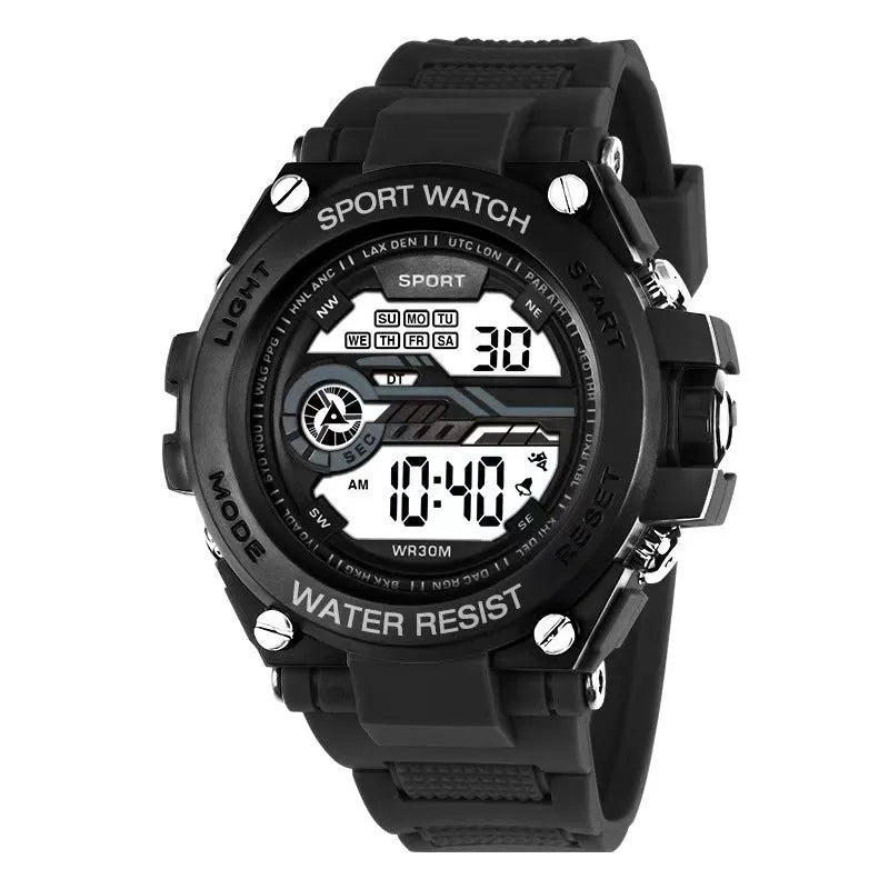 Digital electronic watch for teenagers and students showing LED display and colour options