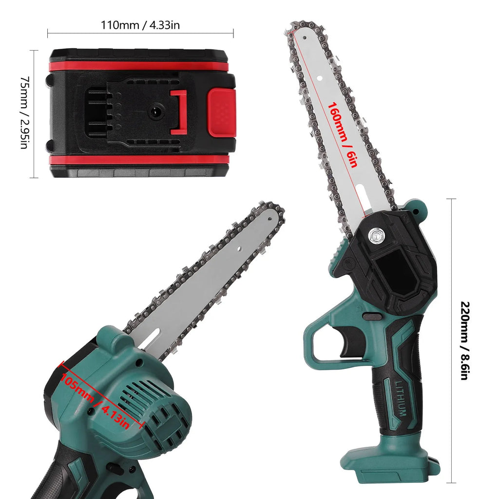 Black cordless mini electric chainsaw with 4-inch bar held in one hand for garden use.