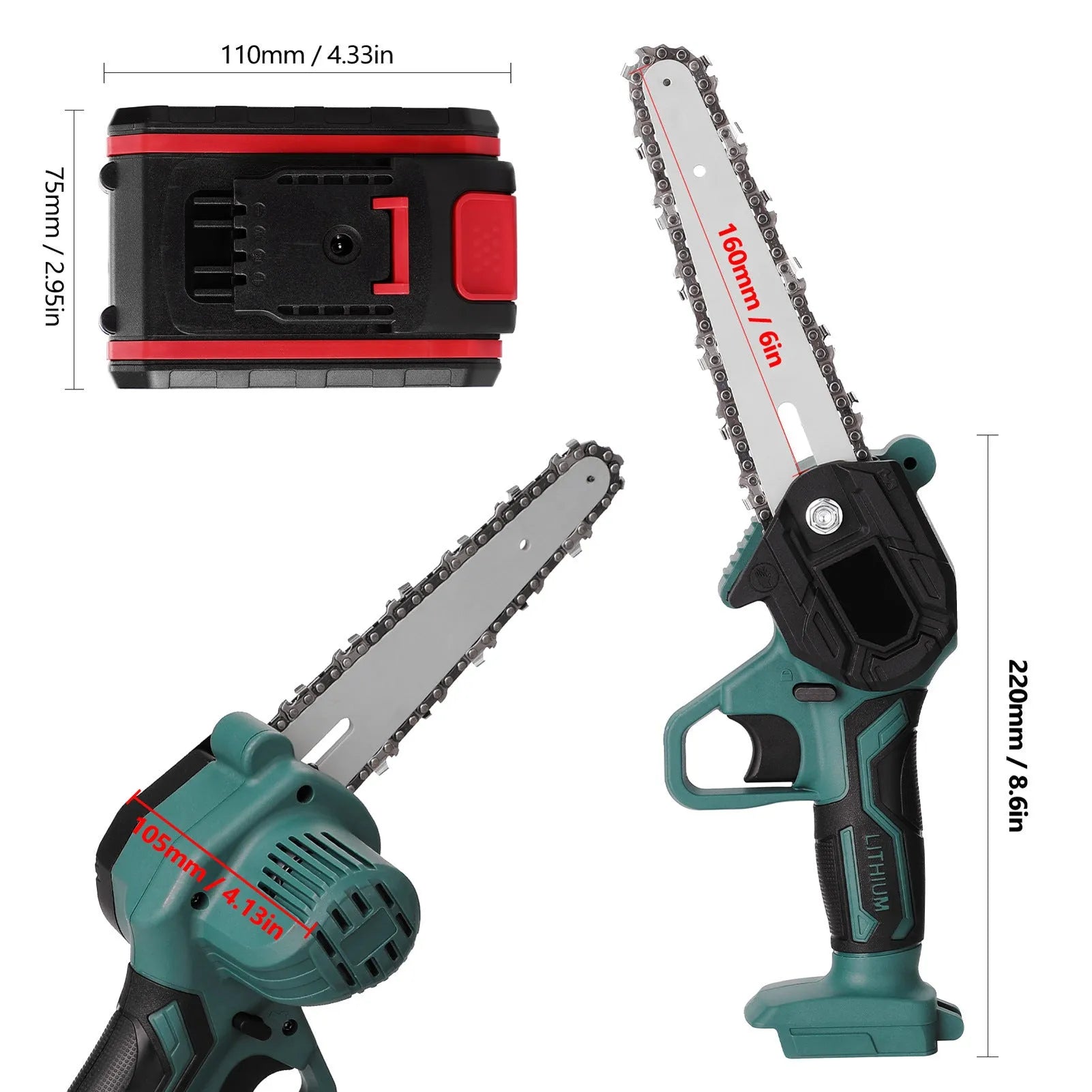 Black cordless mini electric chainsaw with 4-inch bar held in one hand for garden use.