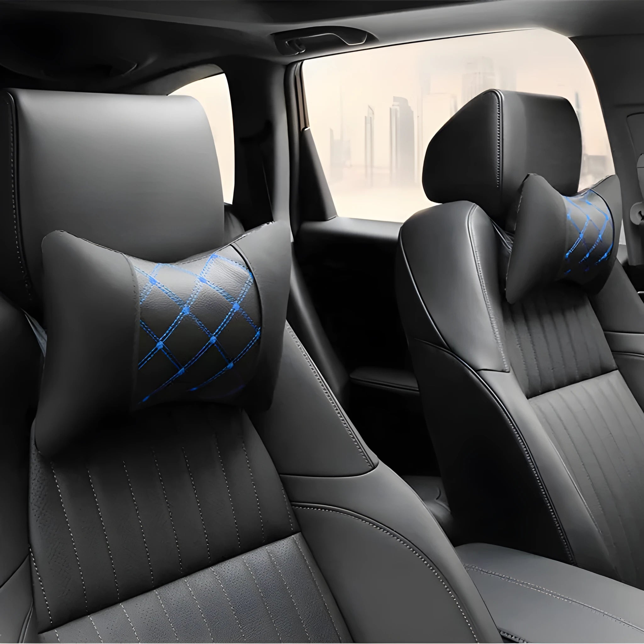 Black quilted artificial leather car headrest pillow with contrast stitching for neck support.