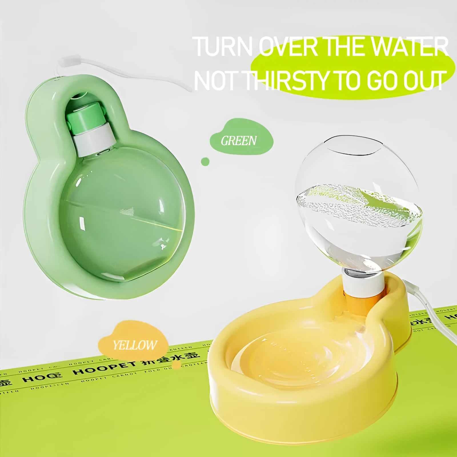 Green portable pet travel cup with extended drinking bowl and water bottle handle.