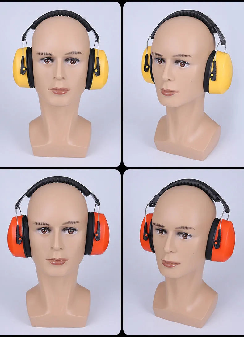 Orange headband-style noise-cancelling earmuffs with adjustable elastic band and fabric ear cushions