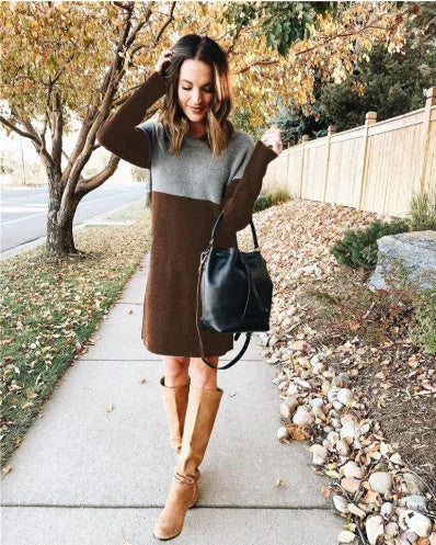Brown women's polar fleece patchwork skirt dress with long sleeves and a round neckline on a hanger.