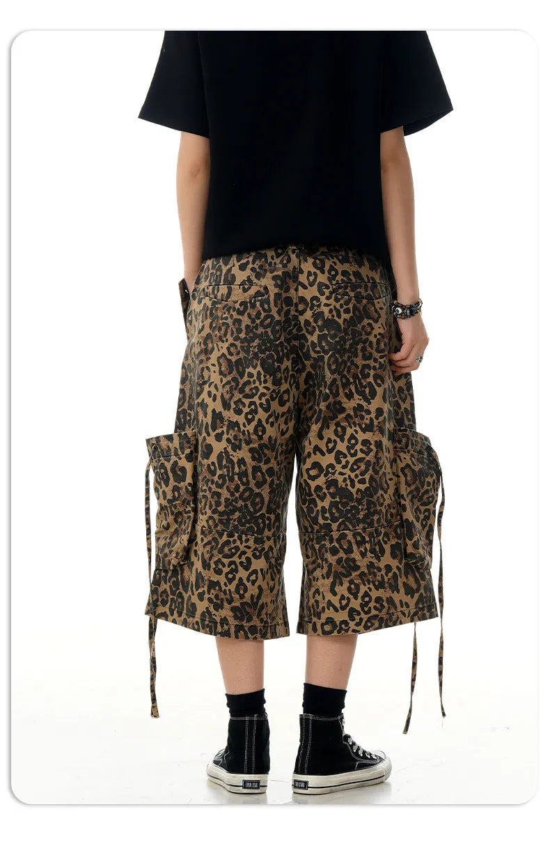 Women's leopard print cotton trousers with high waist and straight leg cropped design