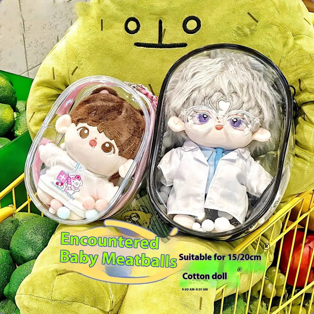 Transparent PVC cube storage bag with colourful ball keychain for cotton dolls and collectibles