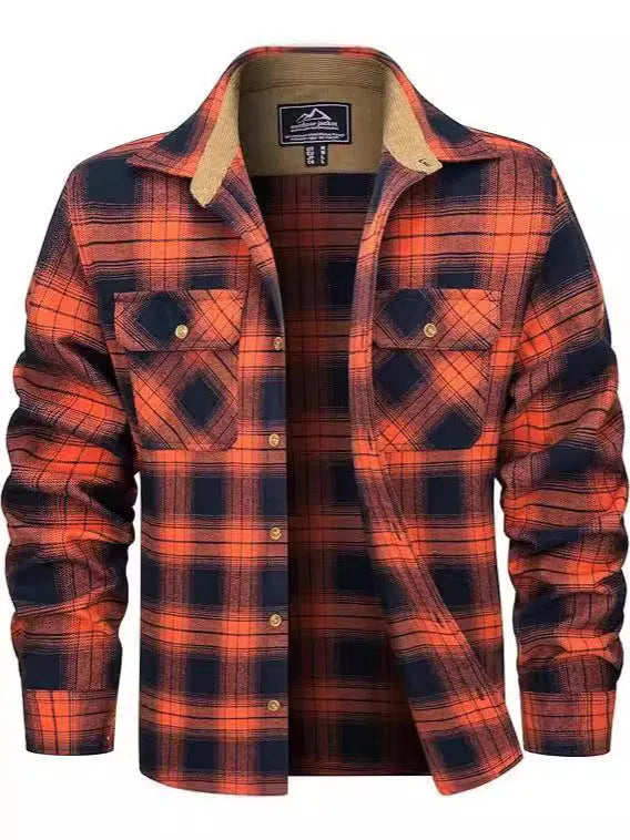 Men's casual plaid button shirt in cardigan style for winter, available in multiple colours.