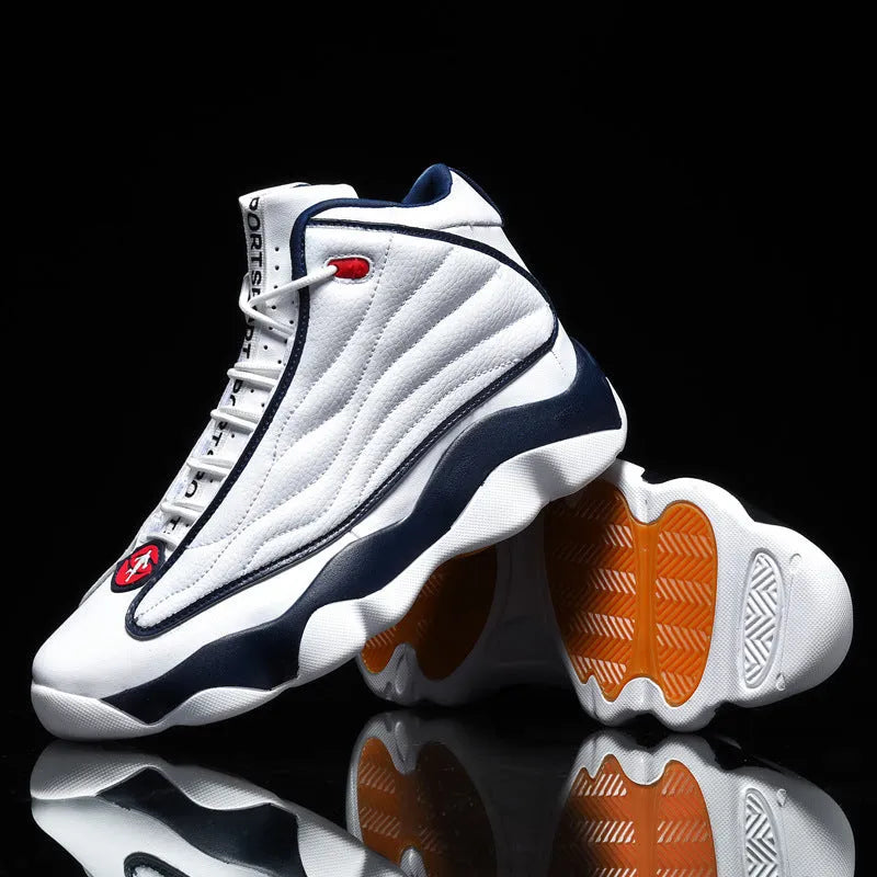 Men's high-top basketball sneakers in AJ13 colour options with mesh upper and rubber sole.