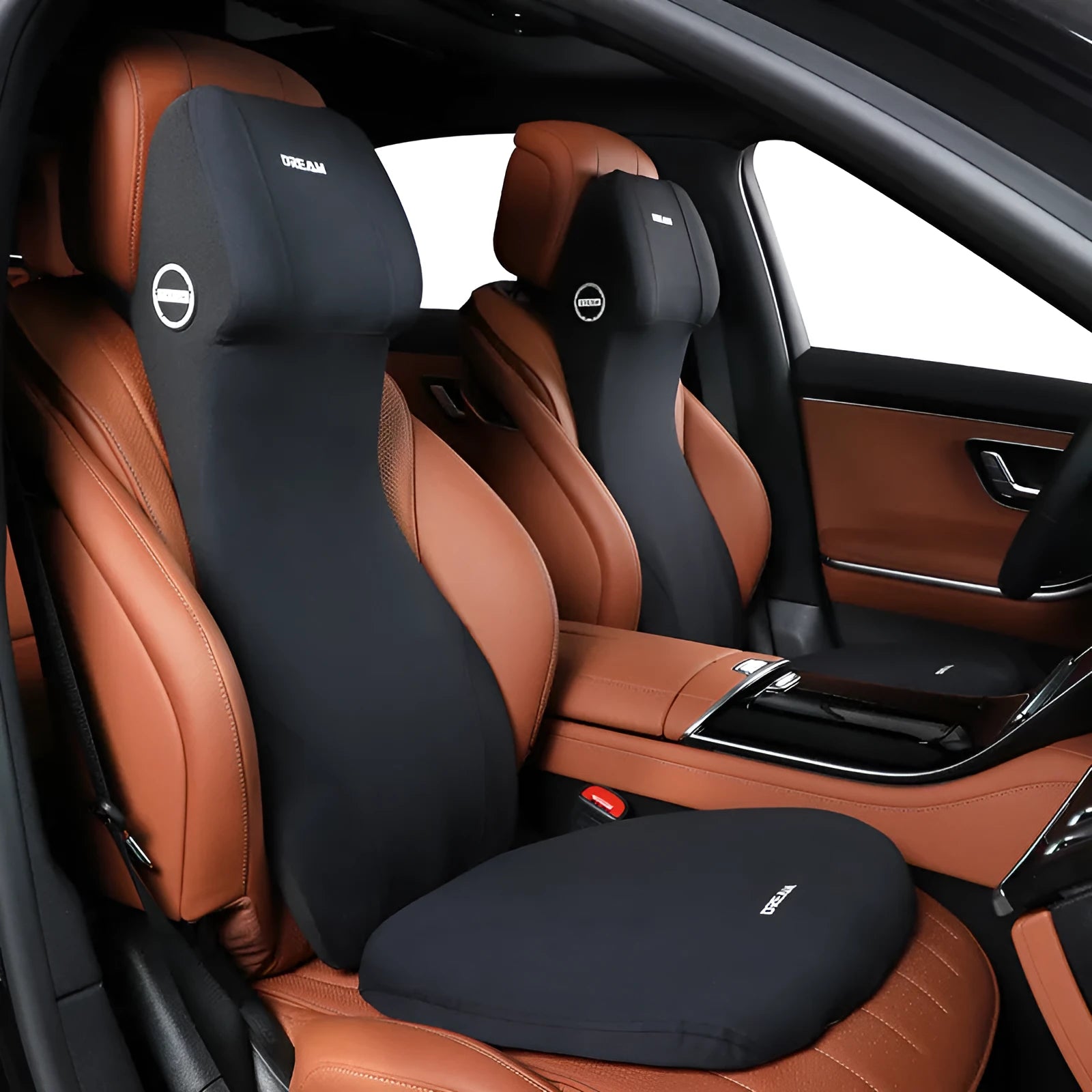 Black automotive memory foam headrest and lumbar cushion combined in one piece on a car seat.