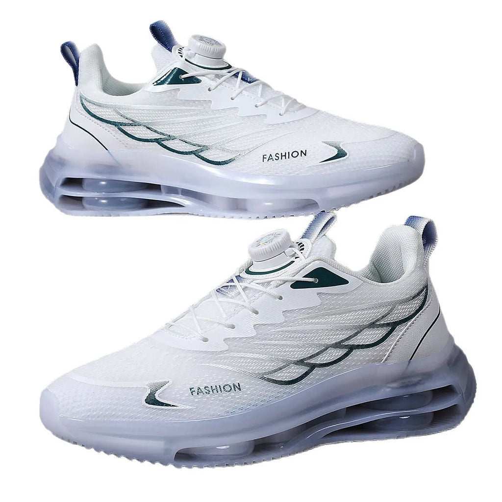 White men's casual shoes with rotating button lace system and mesh upper