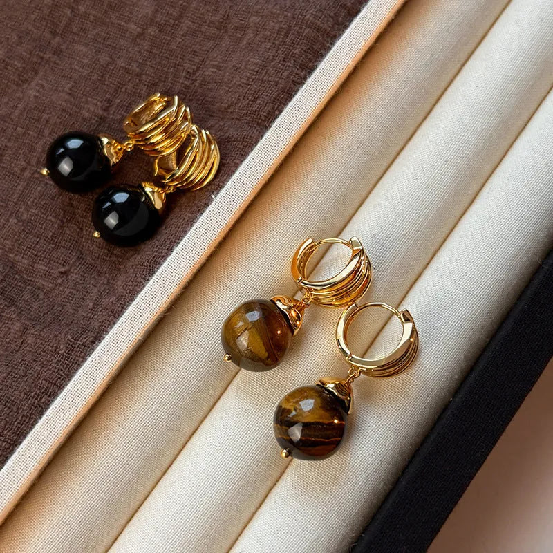 Tigereye geometric earrings with real gold plating in French retro style, available in brown and black colours