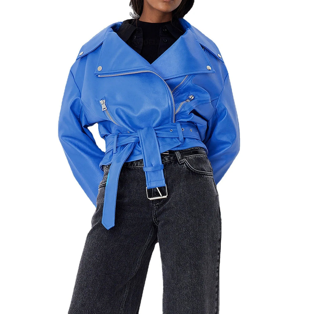 A black punk-style men's jacket with a locomotive shape, Peter Pan collar, and a drawstring waist.