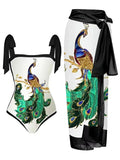 Women's printed chiffon two-piece swimsuit set with matching hip skirt