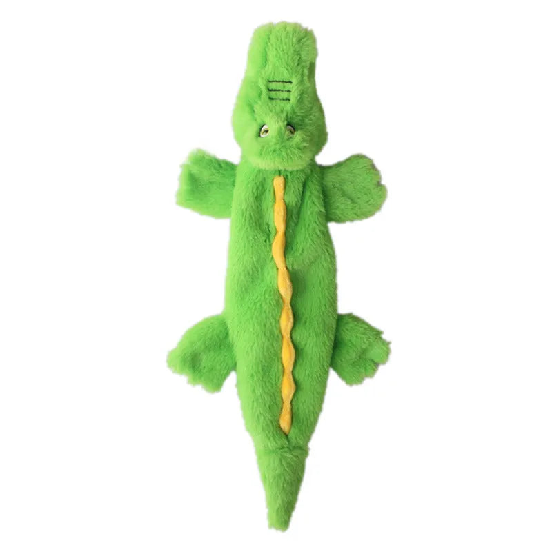 Green crocodile-shaped plush dog toy with no-stuffing construction for safe chewing