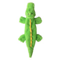 Green crocodile-shaped plush dog toy with no-stuffing construction for safe chewing