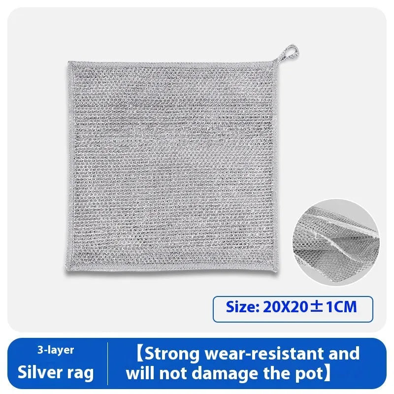 Silver steel wire and microfiber double-sided cleaning rag for scrubbing pots and wiping bowls.