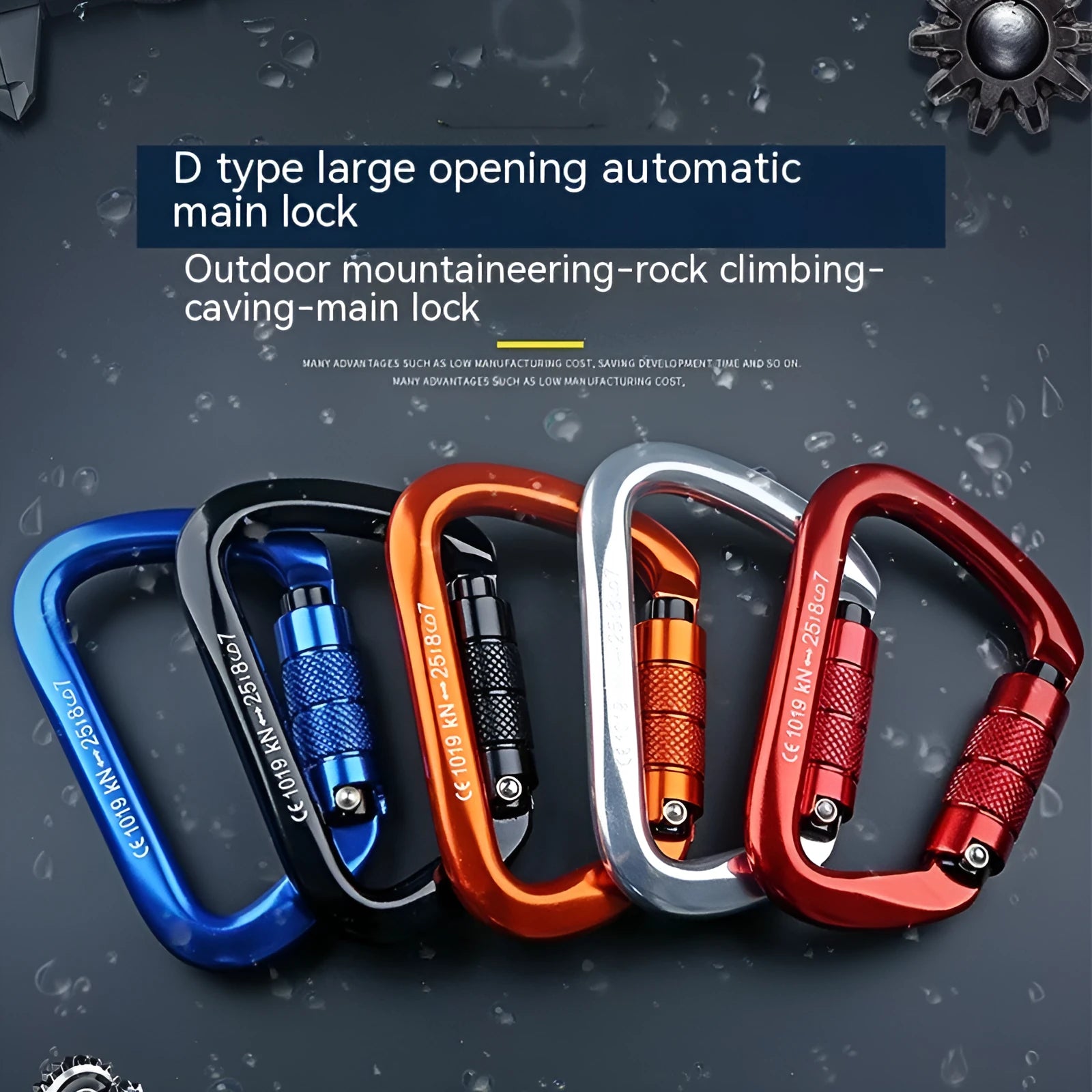 D-shaped climbing carabiner main lock shown in red, with choice of automatic or threaded gate closure.
