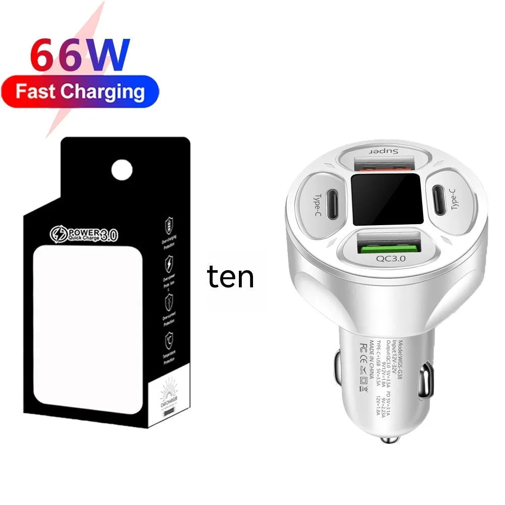 66W digital display car charger with two USB and two Type-C ports showing compact black design