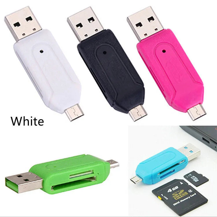 White OTG card reader with micro USB connector for mobile phones and computers