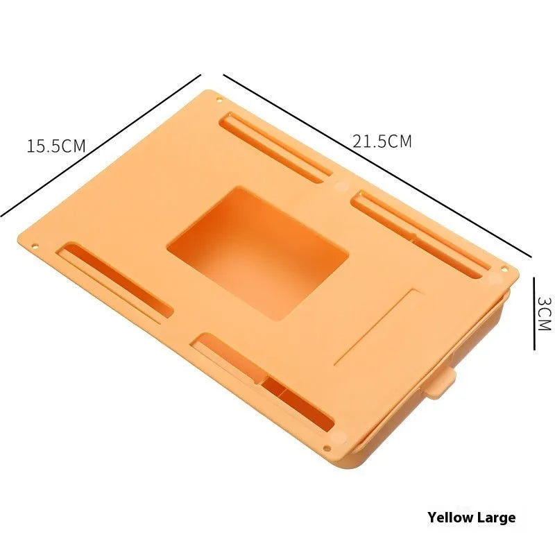 White plastic under table storage box with drawer lid and adhesive base for hidden organisation