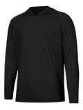 Man wearing a thin grey long sleeve hooded top for outdoor sun protection during fishing or hiking.