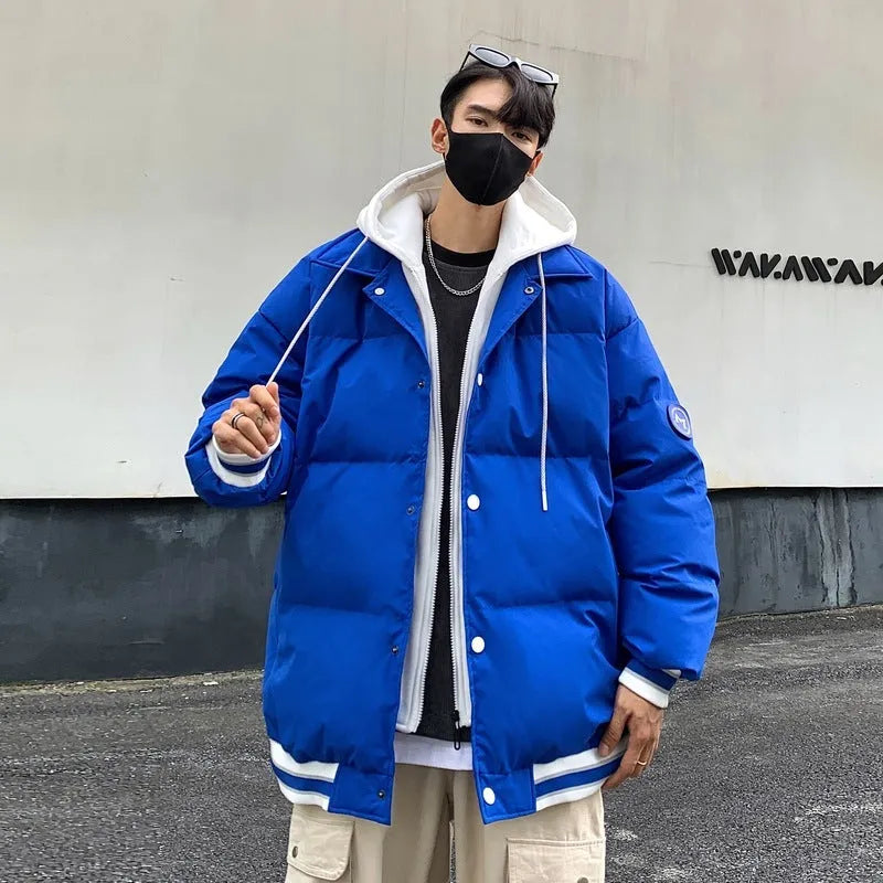 White duck down thickened couple coat in black, white and blue colours