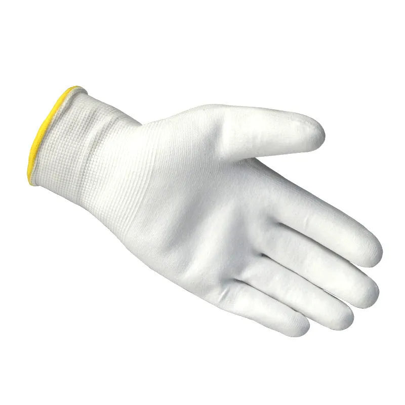 White PU coated work gloves showing palm coating and extended 24cm length.