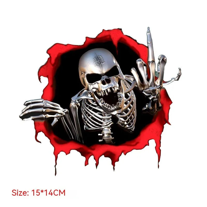 Close-up of a colourful reflective metal skull car sticker with a broken shell pattern, measuring 15cm by 14cm.