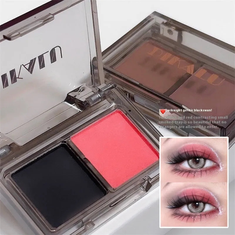 Dikalu two-tone eye shadow plate showing pink and black matte and shimmer shades in compact