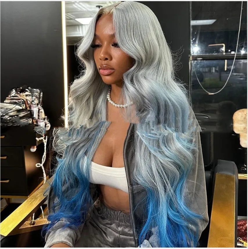 Grey blue gradient human hair headgear with lace frontal on display stand