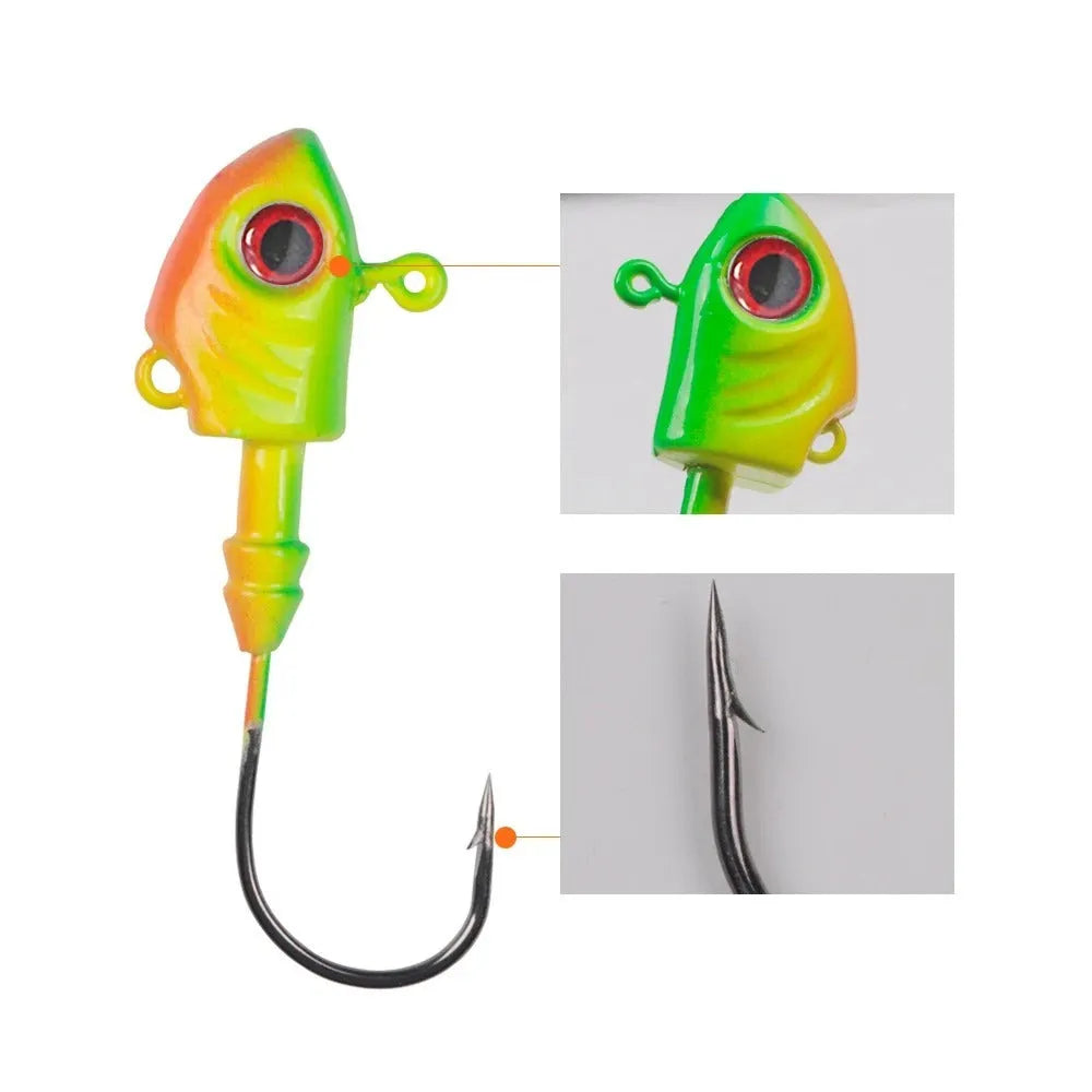 Yayu-shaped lead head fishing jig lure with barbed hook in blue, silver, and yellow colours.
