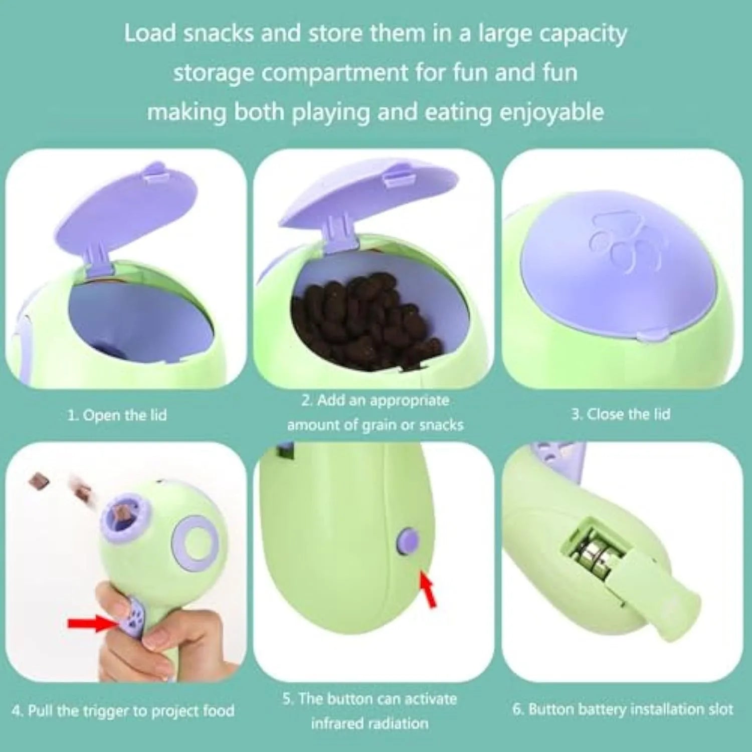 Green dog treat launcher and slow feeder toy for interactive pet training