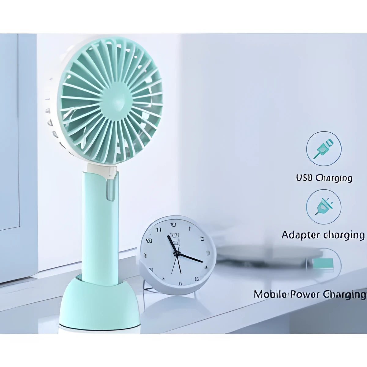 Blue portable USB electric fan with oscillation function and three-speed control on desktop