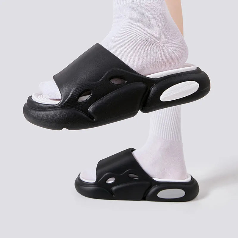 Two-colour EVA slippers for men and women with thick sole, shown in pink and purple colour option.