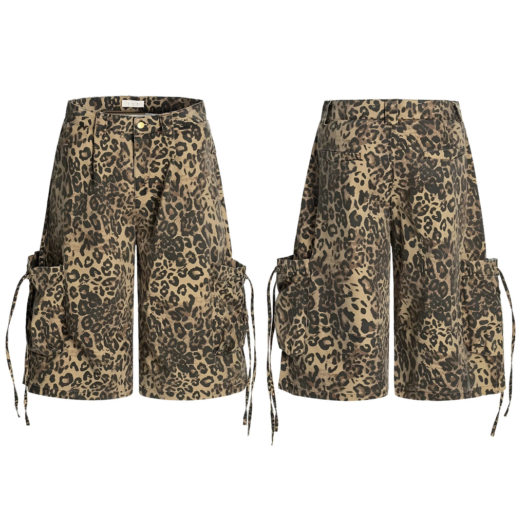 Women's leopard print cotton trousers with high waist and straight leg cropped design
