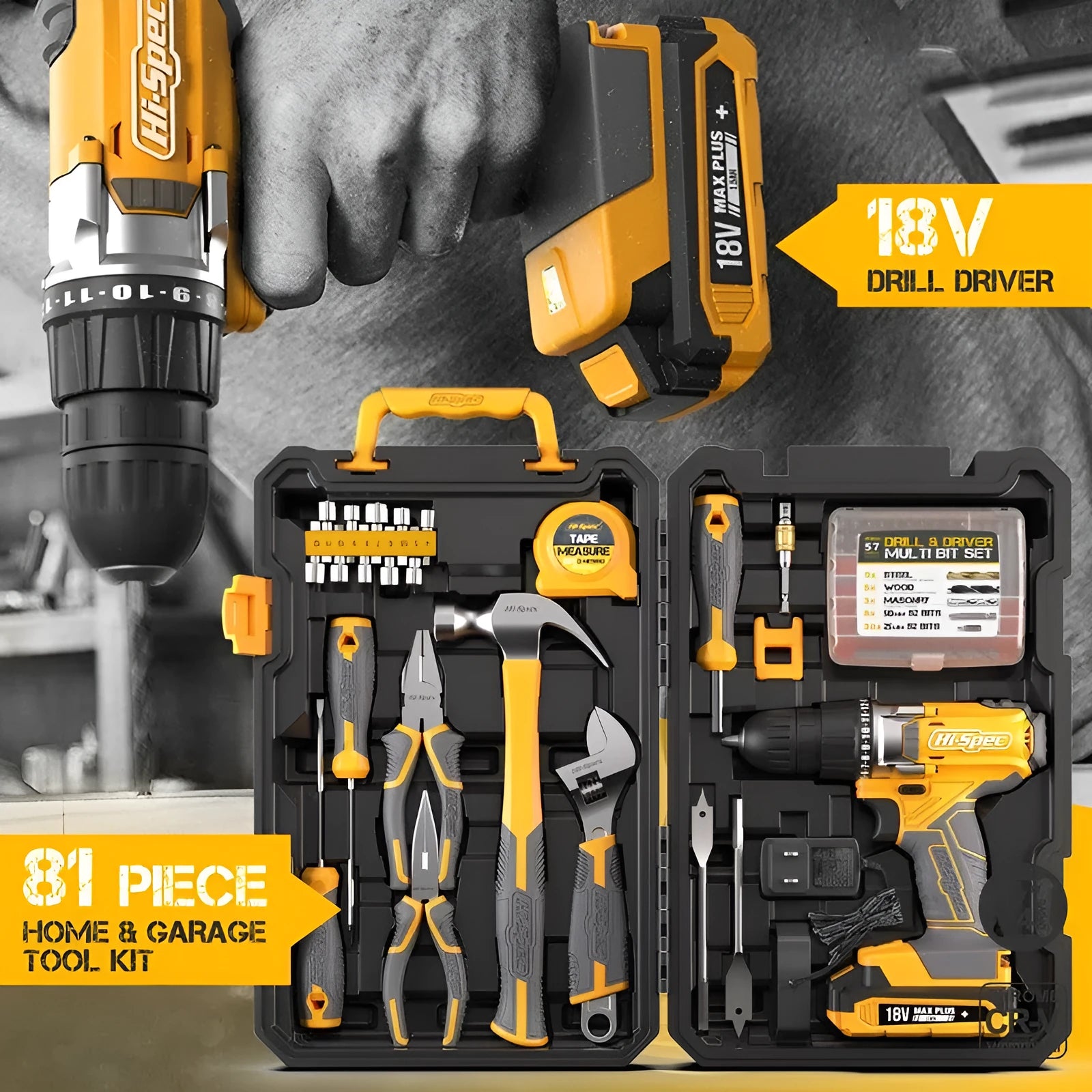82-piece hardware tool combo set in grey yellow storage case with chrome-vanadium steel tools for furniture installation