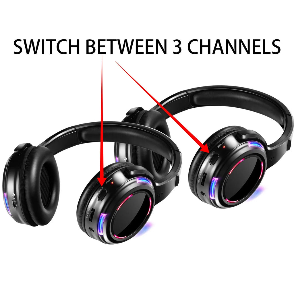 Black silent disco wireless headphones with a head-mounted design and a 3.5mm connection cable.