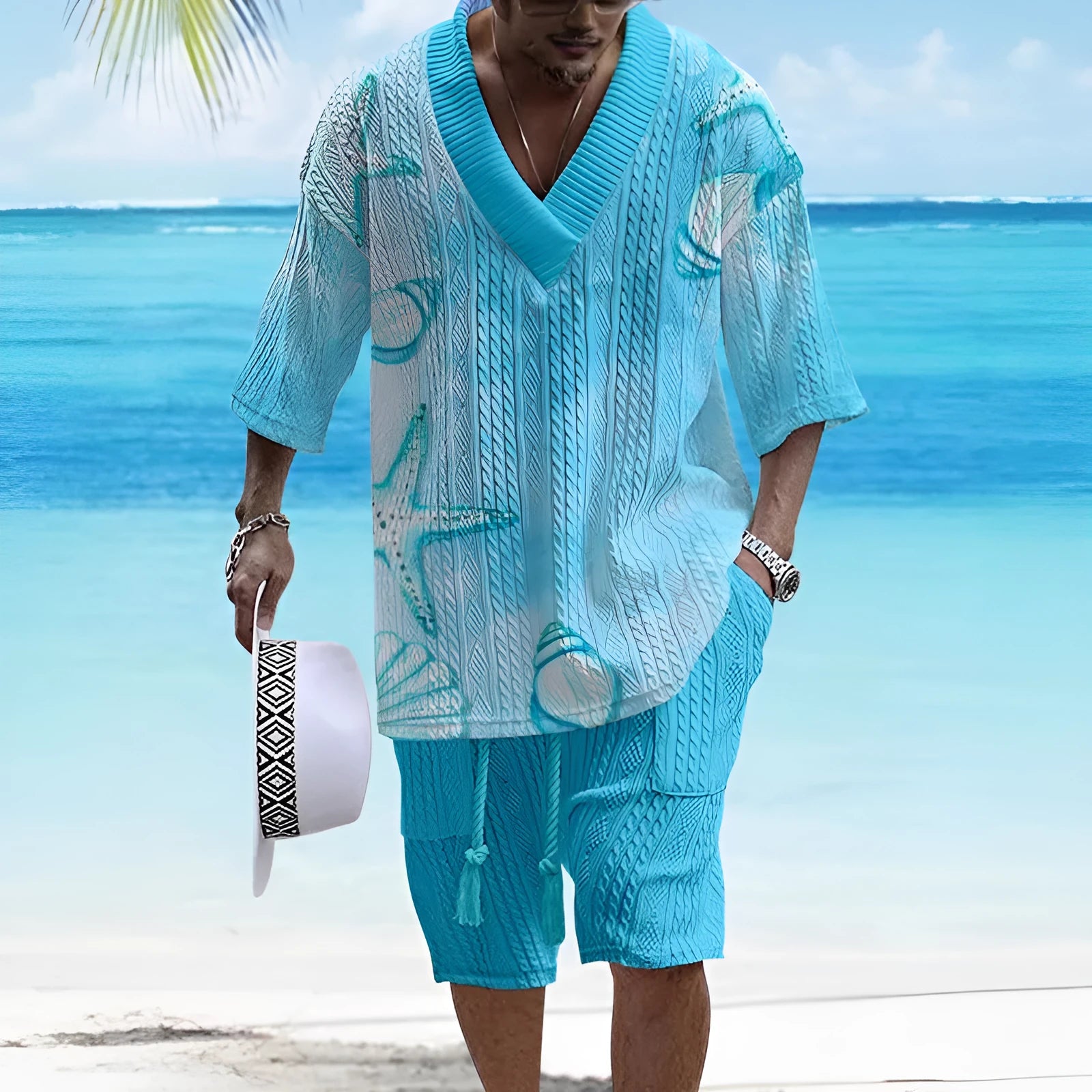 Men's casual short sleeve suit set with loose-fitting top and elastic waist shorts in solid colour