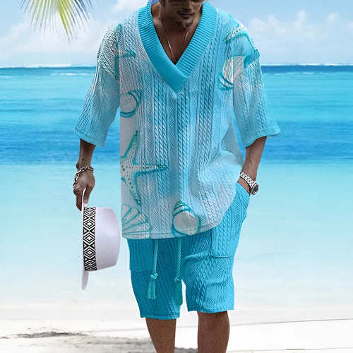 Men's casual short sleeve suit set with loose-fitting top and elastic waist shorts in solid colour
