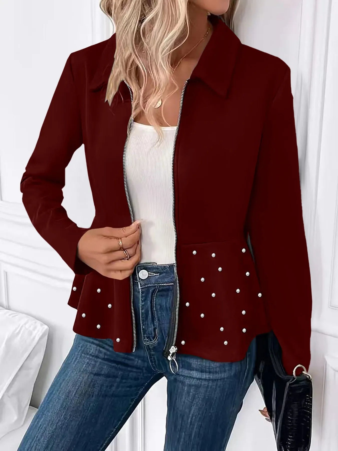 Women's black coat with heavy-duty zipper, beaded trim and ruffled hem in regenerated cellulose fibre blend