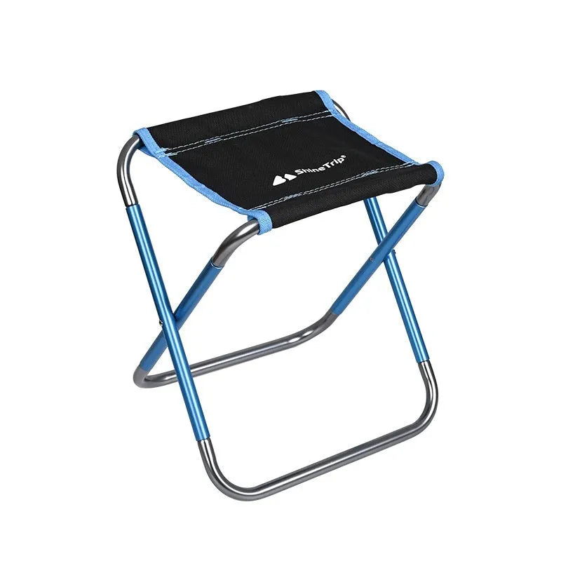 Black aluminium alloy folding camping stool shown open for use and folded flat for storage.